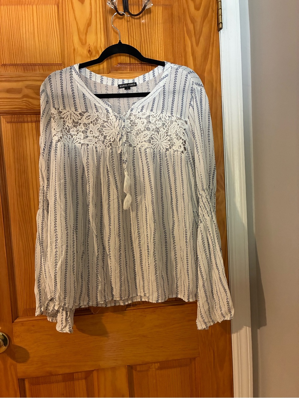 Moral Fiber White Peasant Blouse with Blue Stripes and Crochet Yoke